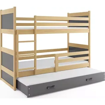 BMS GROUP Dětská patrová postel Rico - 3 osoby, 80x190 s výsuvnou přistýlkou s matrací – Borovice, Grafit, Grafit