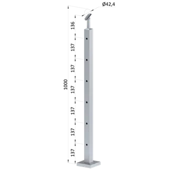 Zábradlí KOVIAN, s.r.o. Nerezový sloup, vrchní kotvení, 6 děrový průchodný, vrch nastavitelný, (40x40 mm), broušená nerez K320 / AISI304