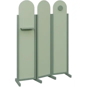 Paraván ATMOSFERE ROUND 219, dřevěný 3-dílný paraván, mobilní, výška 1900 mm, rám industrial green, výplň pistáciově zelená, polička, věšák