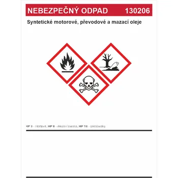 Značení Nebezpečný odpad 130206 Syntetické motorové, převodové a mazací oleje samolepící vinylová fólie A8 (74 x 52 mm)