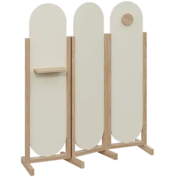 Paraván ATMOSFERE ROUND 416, dřevěný 3-dílný paraván, mobilní, výška 1600 mm, rám dub bardolino, výplň smetanová, polička, věšák