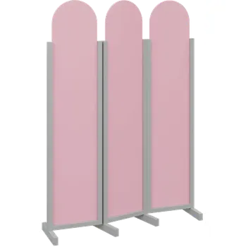 Paraván ATMOSFERE ROUND 119, dřevěný 3-dílný paraván, mobilní, výška 1900 mm, rám šedá, výplň pastelově růžová