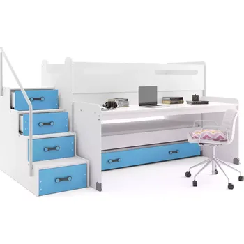 Postel BMS GROUP Dětská patrová postel Max 1 - 3 osoby – bílá - modrá, 80x200 s přistýlkou a matrací