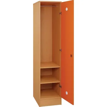 Šatní skříň SLS - 42T šatní skříň dřevěná, 1-dveřová, šatní tyč, 1800x400x500, sokl, korpus buk royal/dveře pomeranč