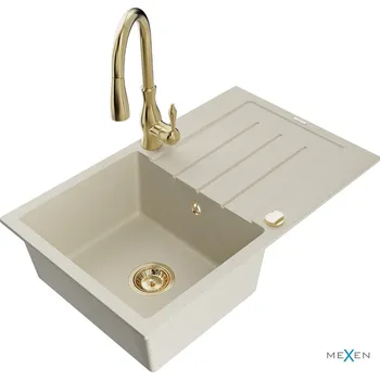 Granitový dřez MEXEN/S - Bruno granitový dřez 1 s odkapávačem včetně baterie Savita, béžová 6513-69-672601-50