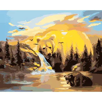 ZUTY Malování podle čísel - MEDVĚD, VODOPÁD A ZÁPAD SLUNCE (D. RUSTY RUST) Rozměr: 40x50 cm, Rámování: bez rámu a bez vypnutí plátna