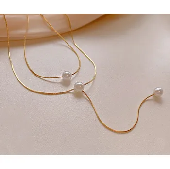 Řetízek B-TOP Dvouvrstvý náhrdelník z pozlacené nerezové oceli s perlami