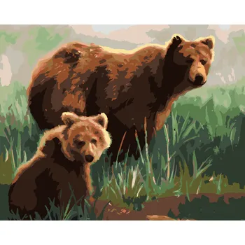 Hračka ZUTY Malování podle čísel - MEDVĚD S MLÁDĚTEM V TRÁVĚ (D. RUSTY RUST) Rozměr: 40x50 cm, Rámování: bez rámu a bez vypnutí plátna