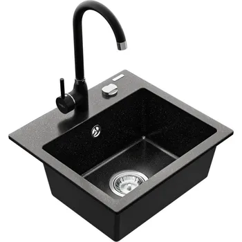 Granitový dřez MEXEN/S - Milo granitový dřez 1-miska včetně baterie Telma, černá/stříbrný 6505-73-670200-70