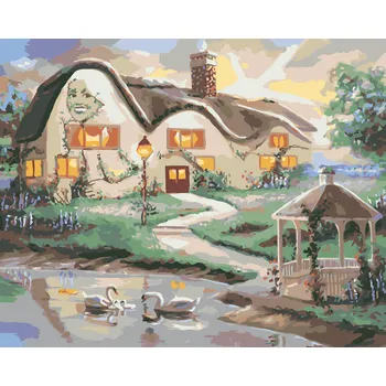 ZUTY Malování podle čísel - LABUTĚ NA JEZEŘE A DŮM S ALTÁNEM (D. RUSTY RUST) Rozměr: 40x50 cm, Rámování: bez rámu a bez vypnutí plátna