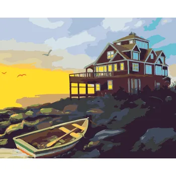 ZUTY Malování podle čísel - LOĎKA, DŮM U POBŘEŽÍ A ZÁPAD SLUNCE (D. RUSTY RUST) Rozměr: 40x50 cm, Rámování: vypnuté plátno na rám
