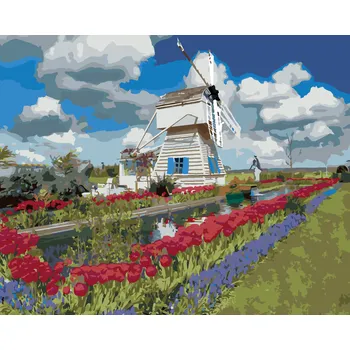 ZUTY Malování podle čísel - VĚTRNÝ MLÝN A TULIPÁNY (DENNIS FRATES) Rozměr: 40x50 cm, Rámování: bez rámu a bez vypnutí plátna