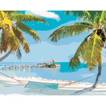 ZUTY Malování podle čísel - PLÁŽ S HOUPAČKOU MEZI PALMAMI (TED DAVIS) Rozměr: 40x50 cm, Rámování: vypnuté plátno na rám