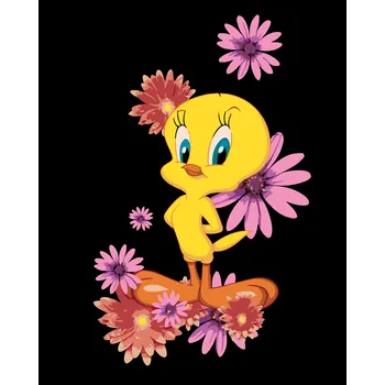 ZUTY Malování podle čísel - TWEETY A RŮŽOVÉ KVĚTINY (LOONEY TUNES) Rozměr: 40x50 cm, Rámování: bez rámu a bez vypnutí plátna