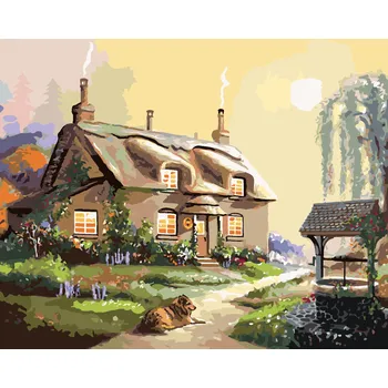 ZUTY Malování podle čísel - PES PŘED CHALOUPKOU A STUDNA (D. RUSTY RUST) Rozměr: 40x50 cm, Rámování: vypnuté plátno na rám