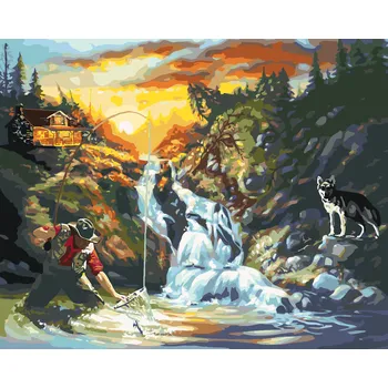 ZUTY Malování podle čísel - RYBAŘÍCÍ MUŽ, VODOPÁD A VLK (D. RUSTY RUST) Rozměr: 40x50 cm, Rámování: bez rámu a bez vypnutí plátna