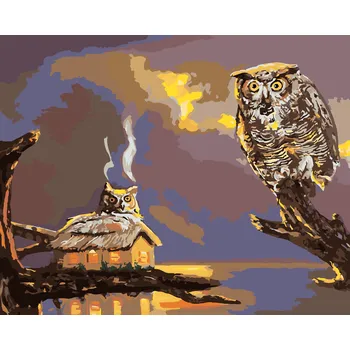 ZUTY Malování podle čísel - SOVA A CHATA U VODY (D. RUSTY RUST) Rozměr: 80x100 cm, Rámování: bez rámu a bez vypnutí plátna