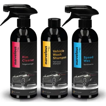 Marvelous Set na péči o exterior vozu, Marvelous Autošampon pro ruční i strojní mytí - 500ml, Marvelous Čistič disků - 500ml, Marvelous - Rychlovosk 500ml