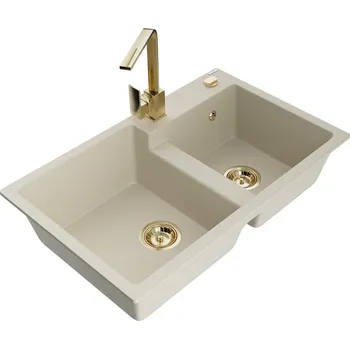Granitový dřez MEXEN/S - Tomas granitový dřez 2-bowl včetně baterie Rita, béžová 6516-69-670300-50
