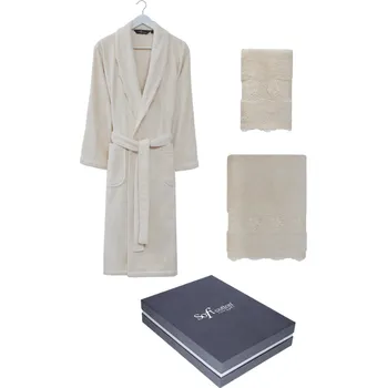 Pánský župan Soft Cotton Dárkové balení županu, ručníku a osušky STELLA, Krémová, 420 g / m², Česaná prémiová bavlna 100%, Dlouhý - vel. XL