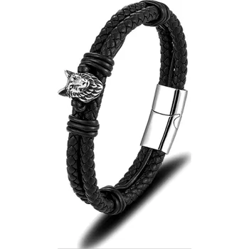 Náramek B-TOP Pánský proplétaný kožený náramek s Vlkem