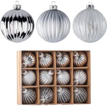 Vánoční ozdoba Koule sklo 12ks 40mm na stromeček mix, čirá s glitrem, stříbrná, šedá