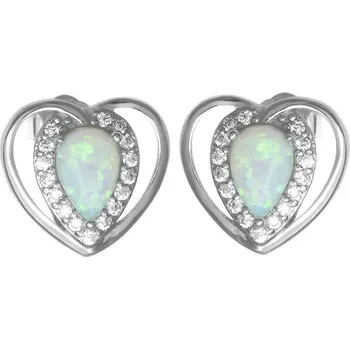 Náušnice Argento 67087 Stříbrné náušnice - srdíčka, bílý syntetický opál ve tvaru slzy, čiré kulaté zirkony