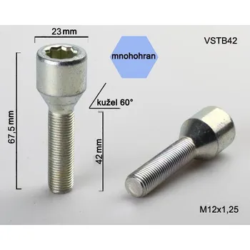 Šroubek na kolo Kolový šroub M12x1,25x42, kužel s vnitřním mnohohranem, průměr hlavy 23, pozink (Šroub na kola)
