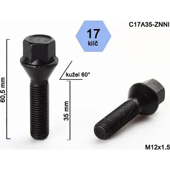 Šroubek na kolo Kolový šroub M12x1,5x35mm, dosedací plocha kužel, klíč 17, černý pozink (Šroub na kola)