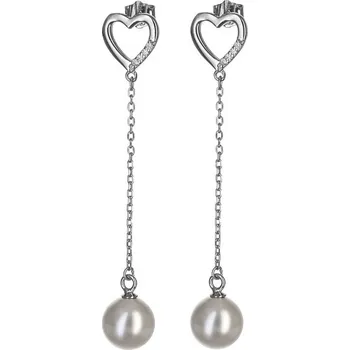 Náušnice Argento 66300 Stříbrné náušnice s řetízkem - srdíčka, bílá syntetická perla ve tvaru kuličky, čiré kulaté zirkony