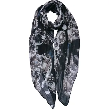 Šátek Černý dámský šátek s květy - 90*180 cm