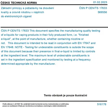 ČSN P CEN/TS 17633 - Základní principy a požadavky na zkoušení kvality a úrovně nikotinu v náplních do elektronických cigaret - Tisk