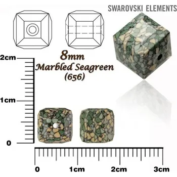 Dětské navlékací korálky SWAROVSKI CUBE Beads 5601/B KERAMICKÉ korálky barva MARBLED SEAGREEN velikost 8mm.