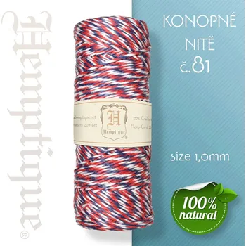 Nit Konopná nit HEMP CORD síla nitě 1,0mm. METRÁŽ Barva č.81 Červeno-Modro-Bílá