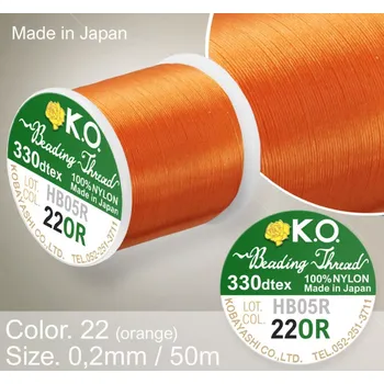 Nit Nylonová nit značky K.O. Barva č. 22 orange. Materiál 330DTEX (0,2mm). Balení 50m.