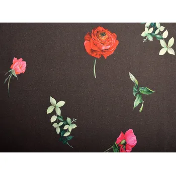 Elastická kostýmová látka v hnědé barvě s potiskem květin MI52036/607