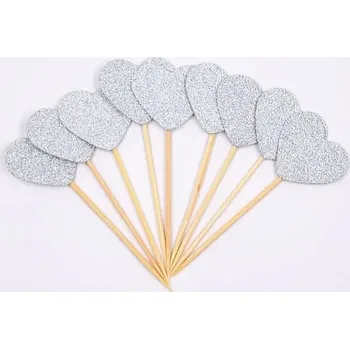 Party dekorace Ozdoba na muffiny | dekorace na dort - srdíčka 10 ks - Stříbrný