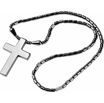 Náhrdelník Hematit náhrdelník s křížem délka cca 60 cm