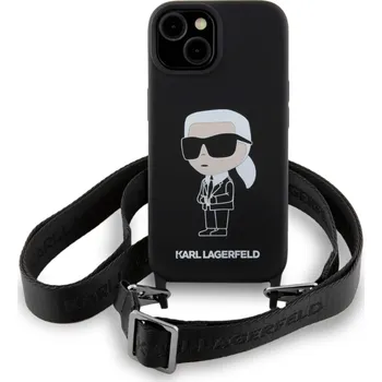 Pouzdro na mobilní telefon Karl Lagerfeld Liquid Silicone Ikonik kryt s crossbody popruhem pro iPhone 15 černý