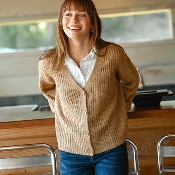 Dámský svetr Volný svetr na knoflíky, mohérový na dotek béžová melír 56