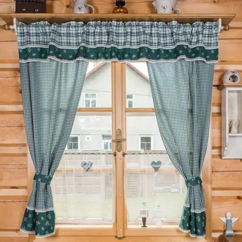 Na-chalupu.cz Závěsy z tmavě zeleného kostkového kanafasu s kytičkami Rozměr (šířka/výška): Kanýr 200/30cm (bez závěsů) Závěsy