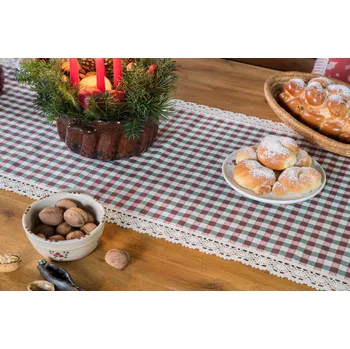 ubrus Běhoun z kanafasu červeno - zelené kostky s širokou krajkou Běhoun rozměr: 45x150cm