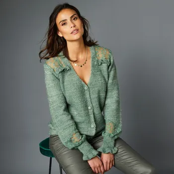 Dámský svetr Svetr na knoflíky, s vyšívaným tylem zelenkavá 38/40