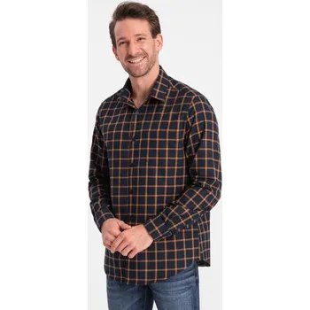 Pánská košile Pánská kostkovaná flanelová košile SLIM FIT tmavě modrá a oranžová