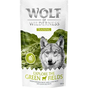 Cizojazyčná kniha 3x100g Wolf of Wilderness Training “Explore the Green Fields" s kuřecím a jehněčím