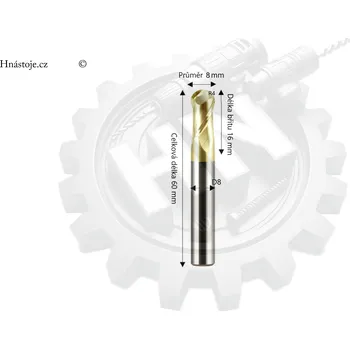 Fréza Monolitní tvrdokovová rádiusová fréza Ø8x16xD8x60L ( 2-břitá ) 65HRC-GOLD