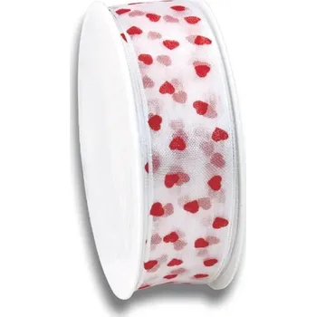 Jedlá dekorace na dort Hedvábná stuha s kovovou hranou - červená srdíčka - 3m/ 25mm