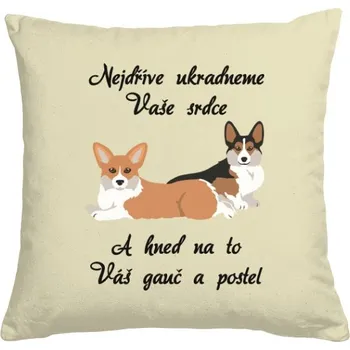 Polštář Polštář bavlněný s potiskem Corgi krádež srdce, gauče a postele na polštáři