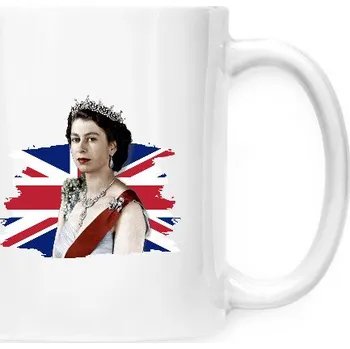 Hrnek malý bílý s potiskem Královna Alžběta II. s vlajkou