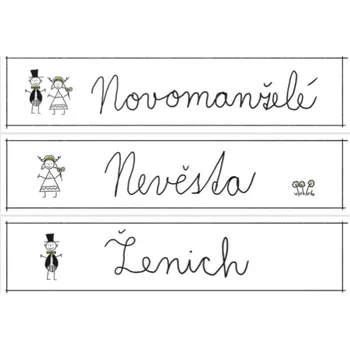 Svatební dekorace Svatba-eshop Set 6 ks svatebních SPZ cedulek kreslení novomanželé + pěnová oboustranná lepící páska